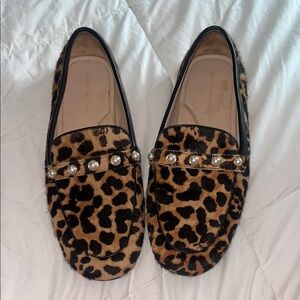 Stuart Weitzman leopard flats loafers pearl detail
